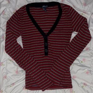 Forever 21 Red and Black Striped butten up V-Neck